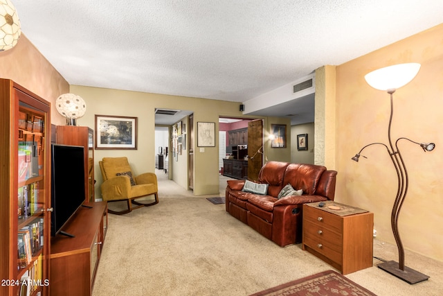 living room with a textured ceiling and light carpet