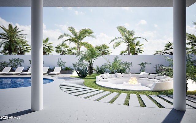 view of swimming pool with a patio and a fire pit