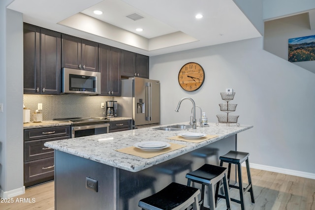 kitchen with a breakfast bar, appliances with stainless steel finishes, a center island with sink, and sink