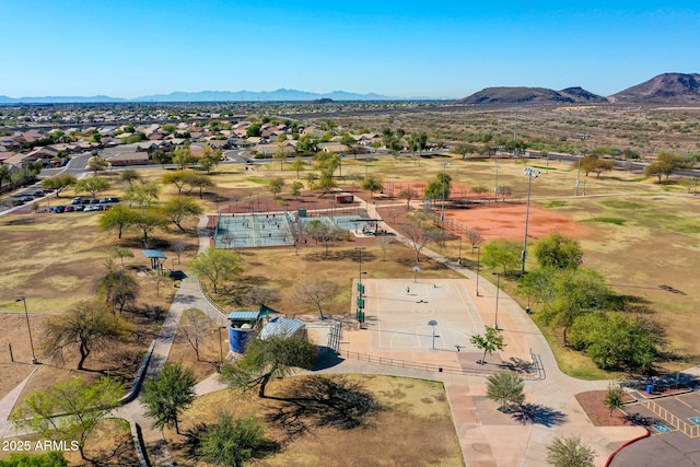 drone / aerial view featuring a mountain view