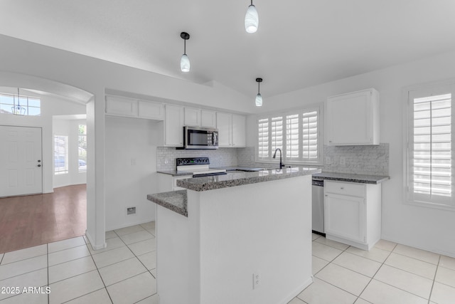 1405 E Chicago Cir, Chandler, AZ 85225 - kitchen with stainless steel appliances, tasteful backsplash, white cabinetry, and lofted ceiling