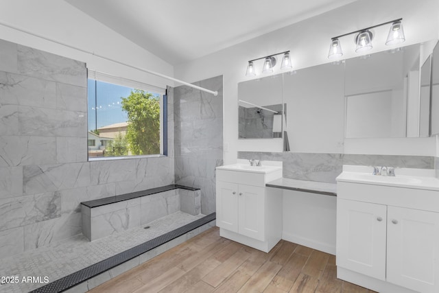 1405 E Chicago Cir, Chandler, AZ 85225 - full bath with a marble finish shower, two vanities, wood finished floors, and lofted ceiling