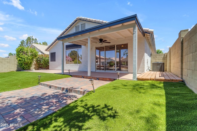 1405 E Chicago Cir, Chandler, AZ 85225 - rear view of house featuring a ceiling fan, a fenced backyard, a patio area, a tiled roof, and stucco siding