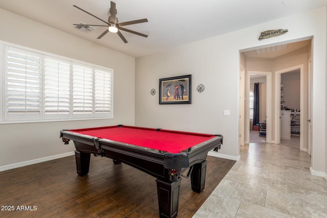 rec room with visible vents, pool table, baseboards, and a ceiling fan