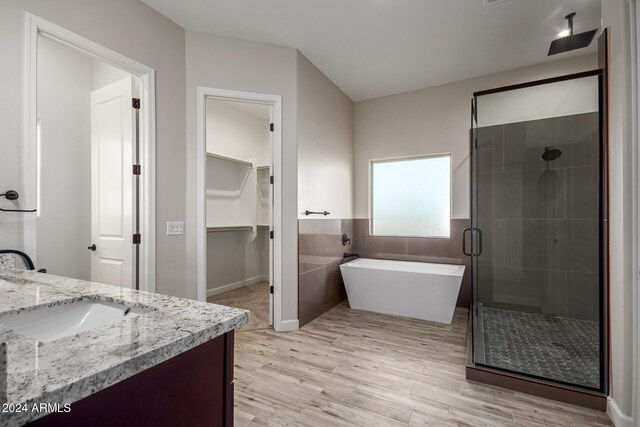 bathroom featuring vanity, separate shower and tub, and wood-type flooring