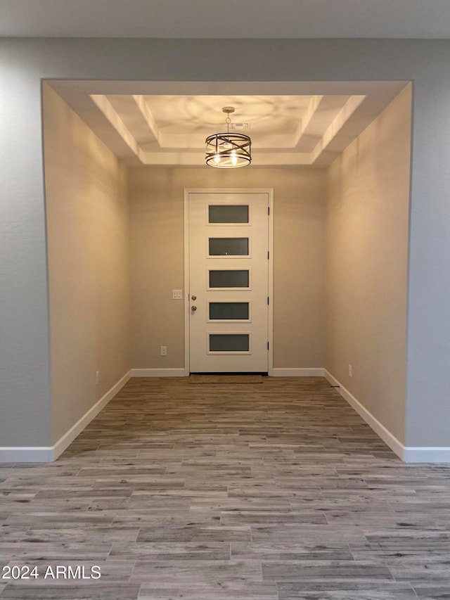 foyer entrance featuring light hardwood / wood-style floors and a raised ceiling