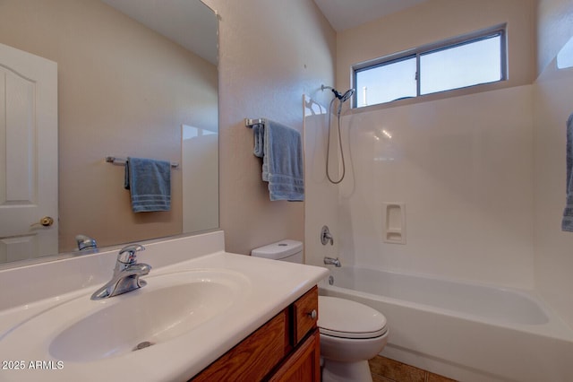 full bathroom featuring vanity, tile patterned flooring, shower / bathtub combination, and toilet