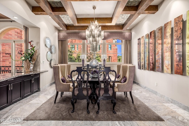2001 N 1st Ave, Phoenix, AZ 85003 - dining area with coffered ceiling, a chandelier, light tile floors, beamed ceiling, and a tray ceiling