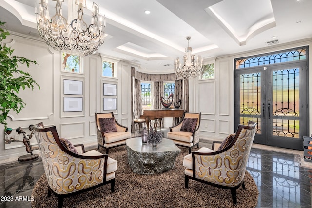 2001 N 1st Ave, Phoenix, AZ 85003 - sitting room with a chandelier, a raised ceiling, french doors, and dark tile floors