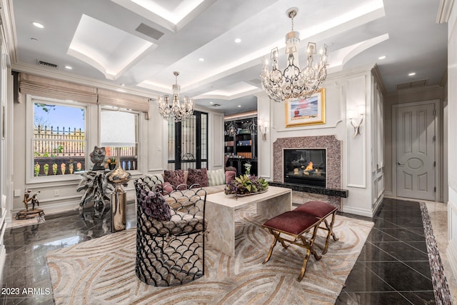 2001 N 1st Ave, Phoenix, AZ 85003 - tiled living room featuring a raised ceiling, a notable chandelier, and crown molding
