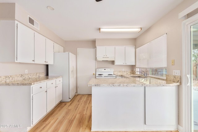 kitchen featuring sink, white cabinets, electric range, and kitchen peninsula