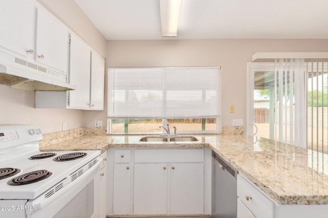 kitchen with sink, dishwasher, electric range, white cabinets, and kitchen peninsula