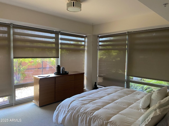 bedroom featuring light colored carpet and multiple windows