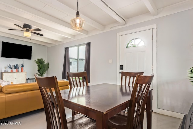 2205 W Cambridge Ave, Phoenix, AZ 85009 - dining space featuring beam ceiling, concrete flooring, and ceiling fan