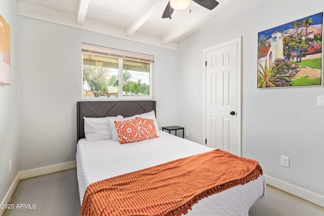 2205 W Cambridge Ave, Phoenix, AZ 85009 - bedroom featuring beam ceiling, baseboards, finished concrete flooring, and a ceiling fan