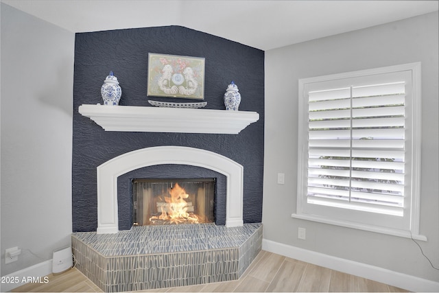 details with baseboards, wood finished floors, and a lit fireplace