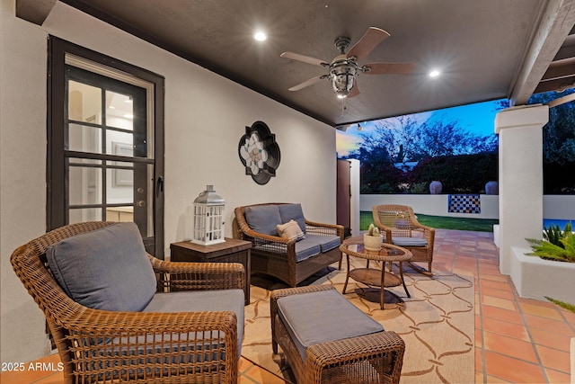 view of patio / terrace featuring ceiling fan and an outdoor hangout area