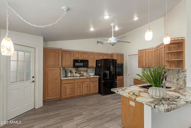 7839 E Milagro Ave, Mesa, AZ 85209 - kitchen with black appliances, open shelves, lofted ceiling, backsplash, and a peninsula