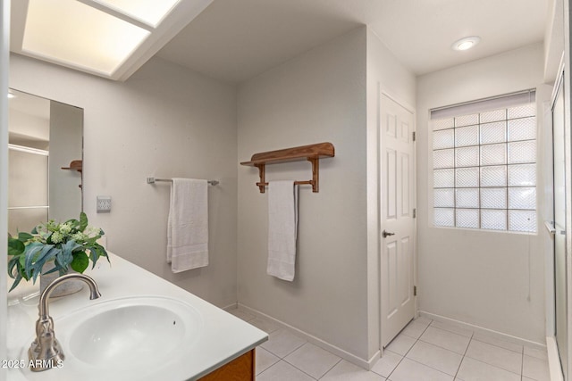 7839 E Milagro Ave, Mesa, AZ 85209 - full bathroom featuring double vanity, a stall shower, and tile patterned flooring
