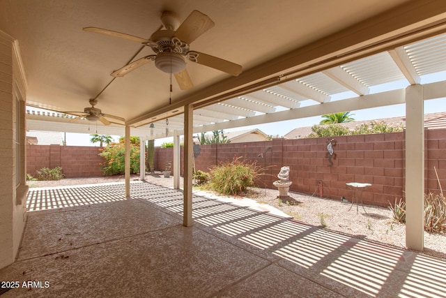 7839 E Milagro Ave, Mesa, AZ 85209 - fenced backyard featuring a ceiling fan, a patio, and a pergola