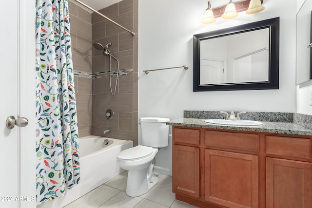 full bathroom featuring tile patterned flooring, vanity, toilet, and shower / tub combo with curtain