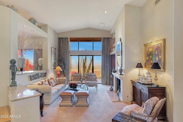 living room featuring light colored carpet and lofted ceiling