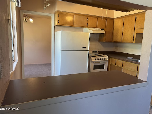2530 W Berridge Ln Unit E111, Phoenix, AZ 85017 - kitchen with white appliances, under cabinet range hood, decorative backsplash, dark countertops, and brown cabinetry