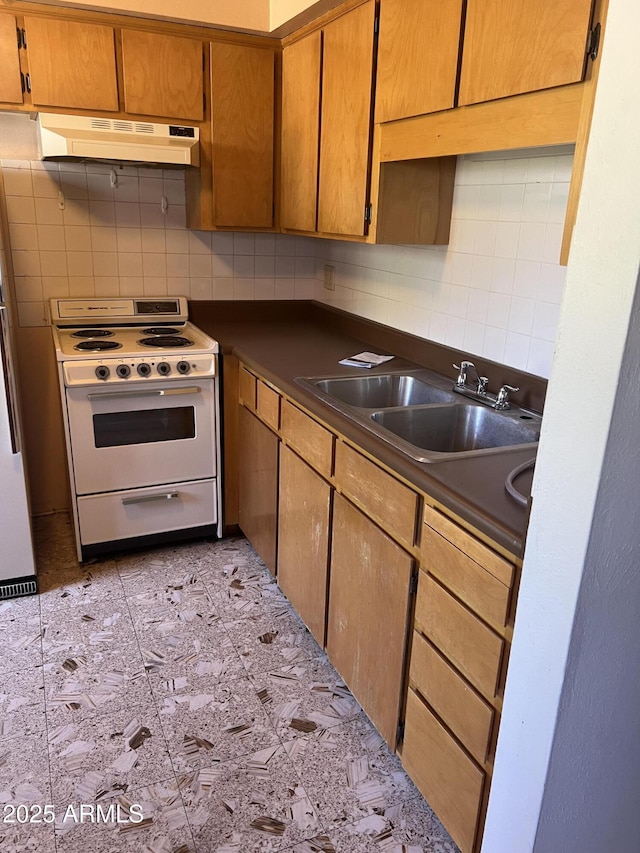 2530 W Berridge Ln Unit E111, Phoenix, AZ 85017 - kitchen with electric range, under cabinet range hood, a sink, decorative backsplash, and dark countertops