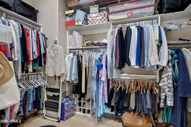 walk in closet with hardwood / wood-style floors