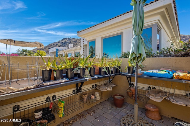 view of patio featuring a mountain view