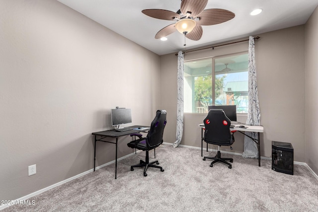 office area with a ceiling fan, recessed lighting, light carpet, and baseboards