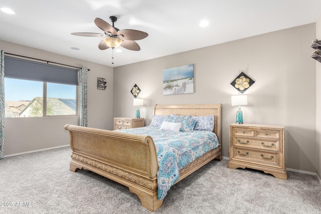 bedroom with carpet, ceiling fan, baseboards, and recessed lighting