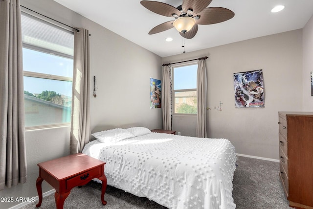 bedroom with carpet floors, recessed lighting, ceiling fan, and baseboards