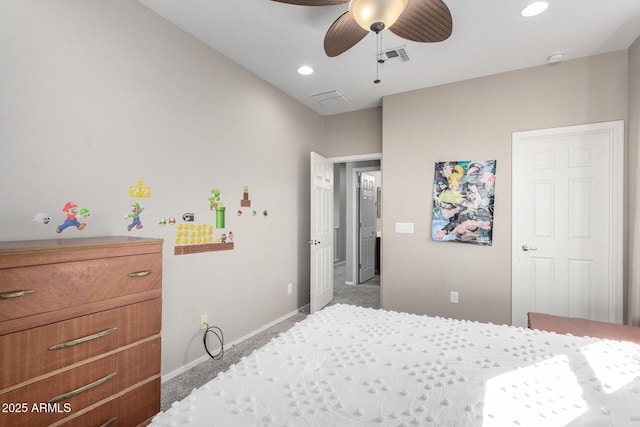 bedroom featuring recessed lighting, carpet flooring, and visible vents