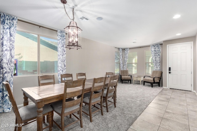 dining room with recessed lighting, visible vents, baseboards, and light tile patterned flooring