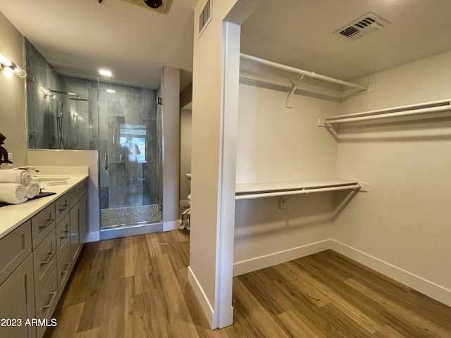 bathroom with hardwood / wood-style flooring, vanity, and a shower with shower door