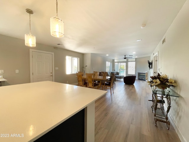 kitchen with hardwood / wood-style floors, hanging light fixtures, and ceiling fan