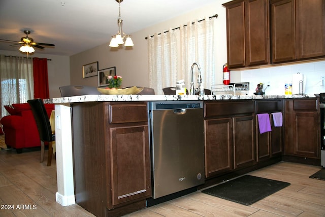 kitchen featuring dishwasher, ceiling fan with notable chandelier, light wood-type flooring, decorative light fixtures, and dark brown cabinetry