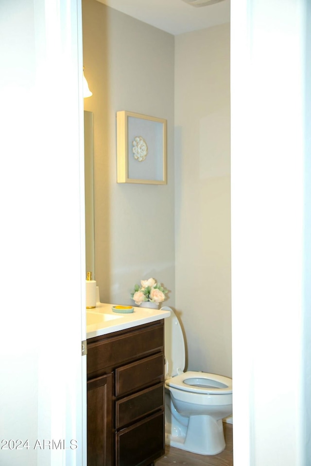 bathroom with vanity, wood-type flooring, and toilet