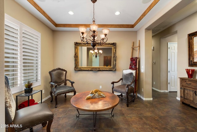 living area with recessed lighting, baseboards, an inviting chandelier, and plenty of natural light