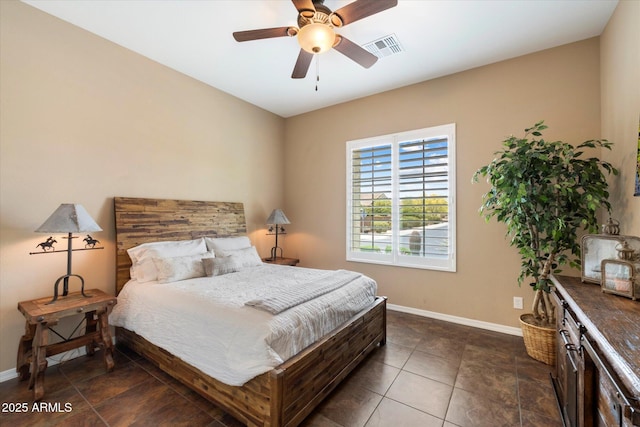 bedroom featuring baseboards, ceiling fan, and visible vents