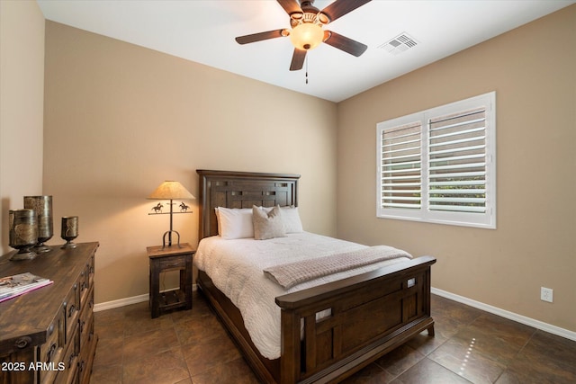 bedroom with baseboards, a ceiling fan, and visible vents