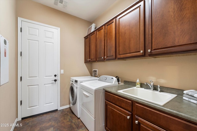 laundry room with cabinet space, a sink, baseboards, visible vents, and washer and clothes dryer