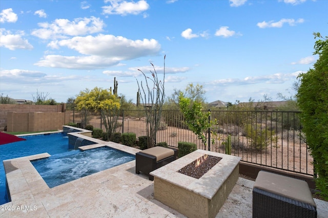 view of swimming pool featuring an outdoor fire pit, a fenced backyard, a fenced in pool, a patio area, and an in ground hot tub