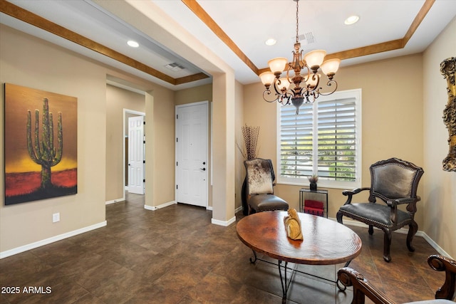 living area with a raised ceiling, recessed lighting, a chandelier, and visible vents