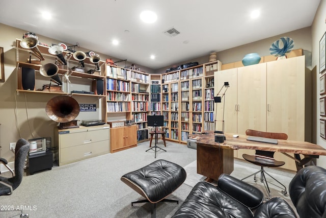 home office featuring light colored carpet