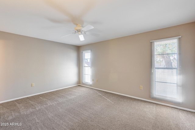 unfurnished room with ceiling fan and carpet flooring