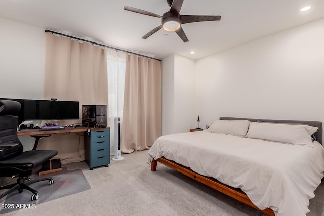 bedroom with a desk, light carpet, recessed lighting, and ceiling fan