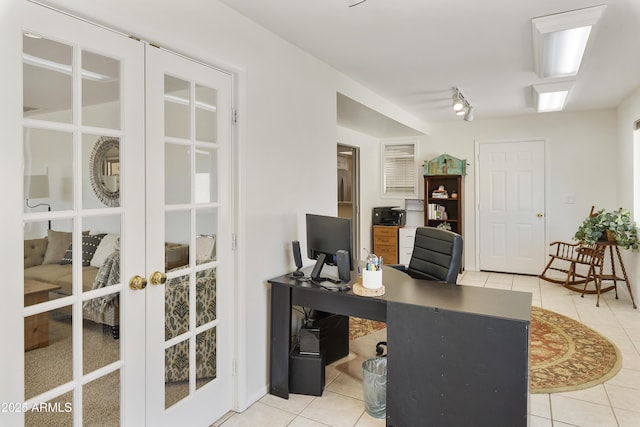 office area with french doors and light tile patterned floors