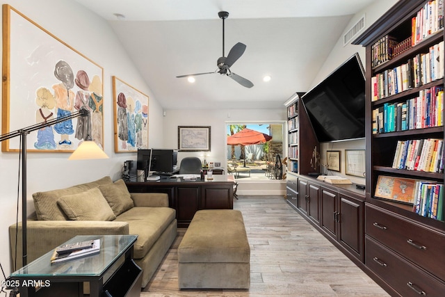 7510 E Larkspur Dr, Scottsdale, AZ 85260 - office with a ceiling fan, light wood-style floors, vaulted ceiling, and recessed lighting